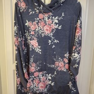 Floral Print Women's Hoodie - Blue and Pink
